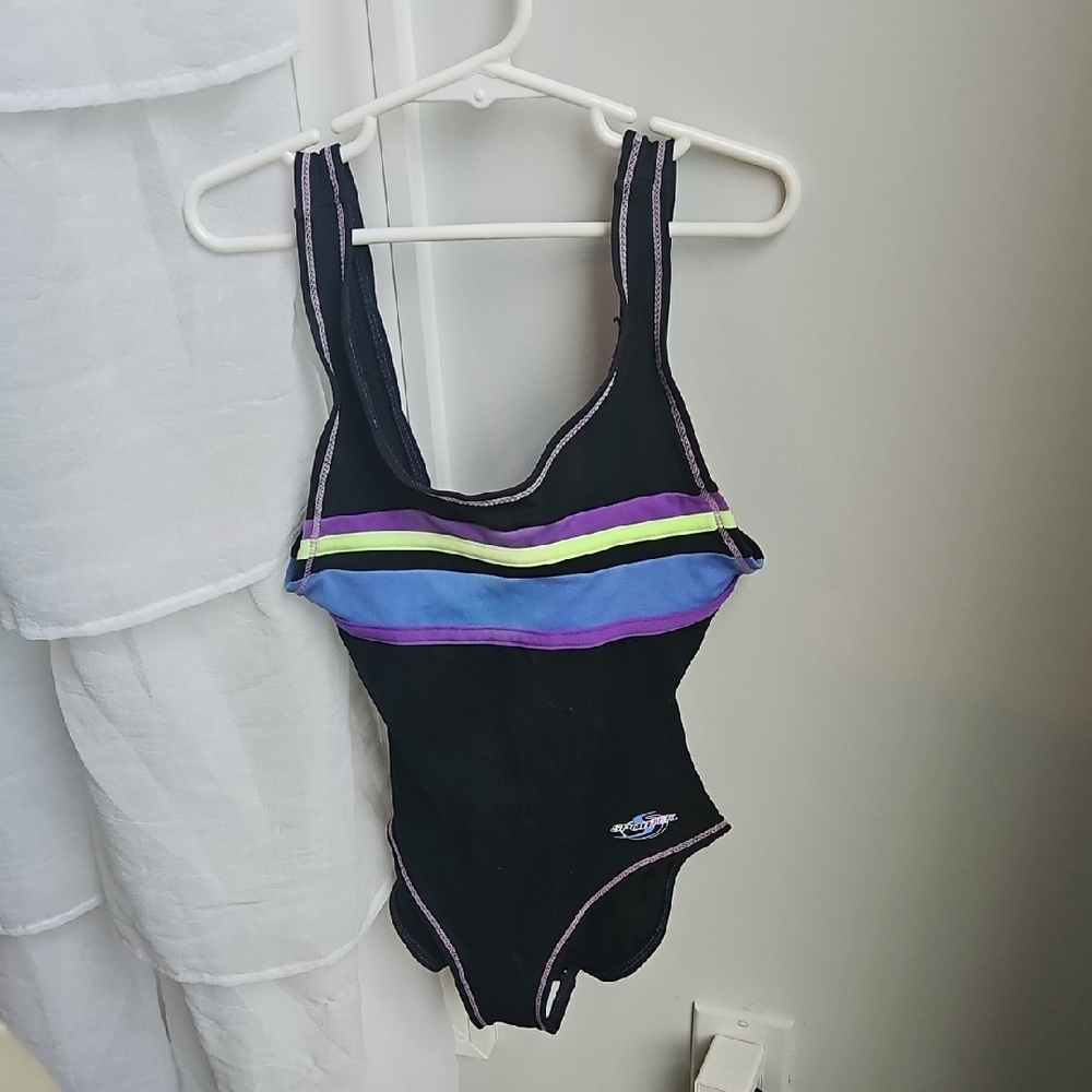 Black Swimsuit with Colorful Stripes